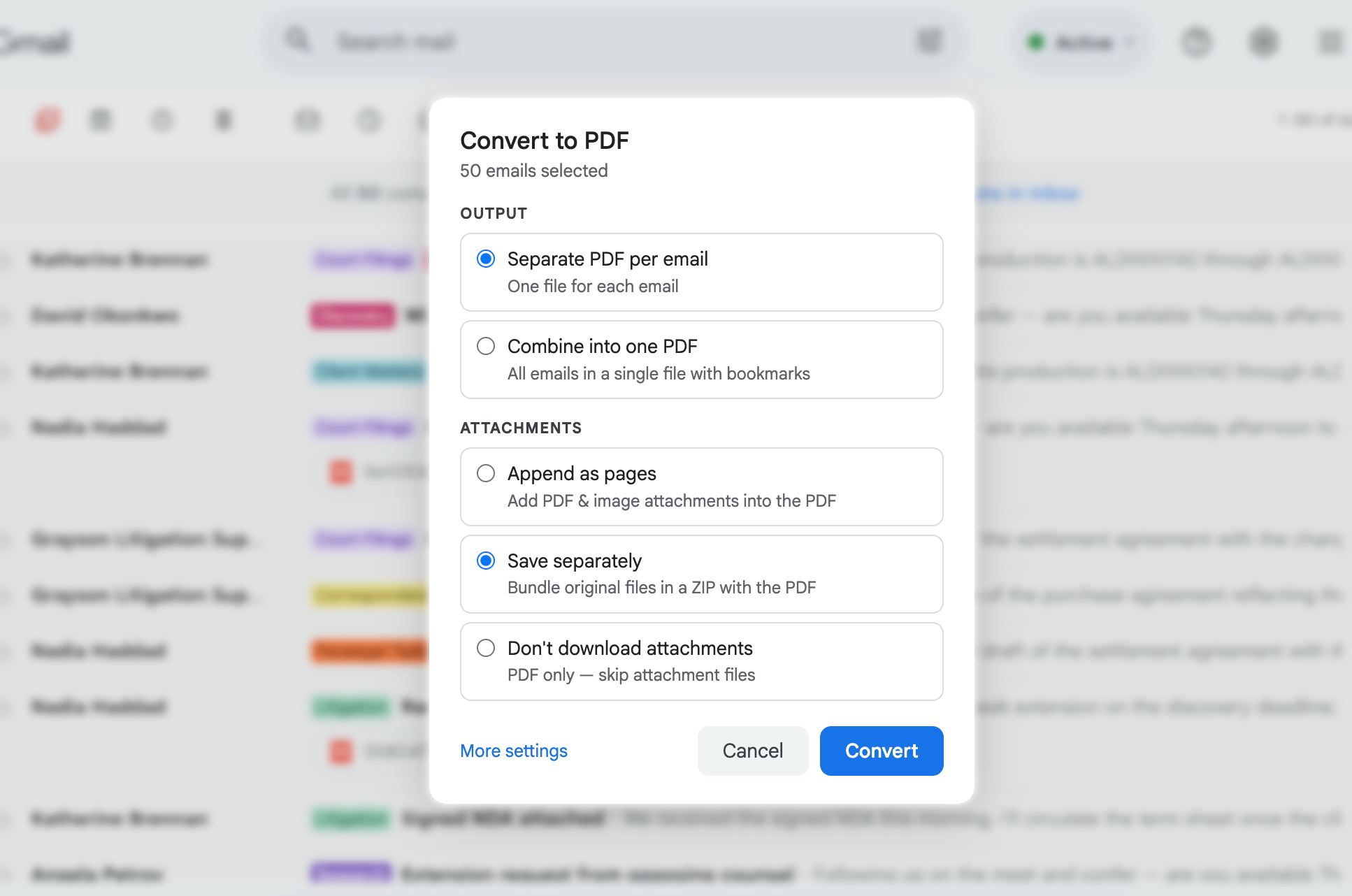 Original email attachments embedded into PDF